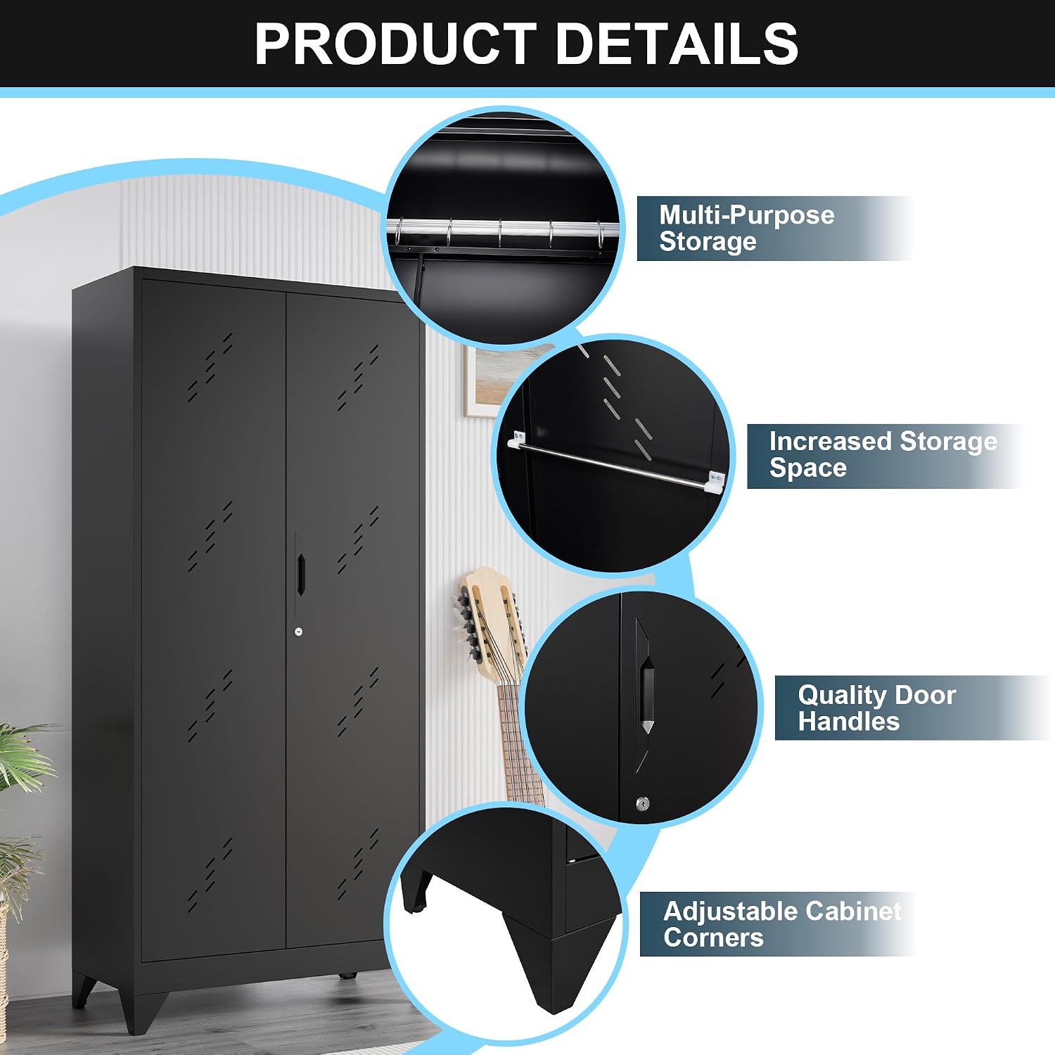 Metal Storage Cabinet, 75' Cleaning Tool Cabinet with Locking Door, Tall Storage Sheds Tool Organizer, Large Broom Cabinet for Bathroom, Laundry Room, Kitchen, Pantry, and Humid Environments