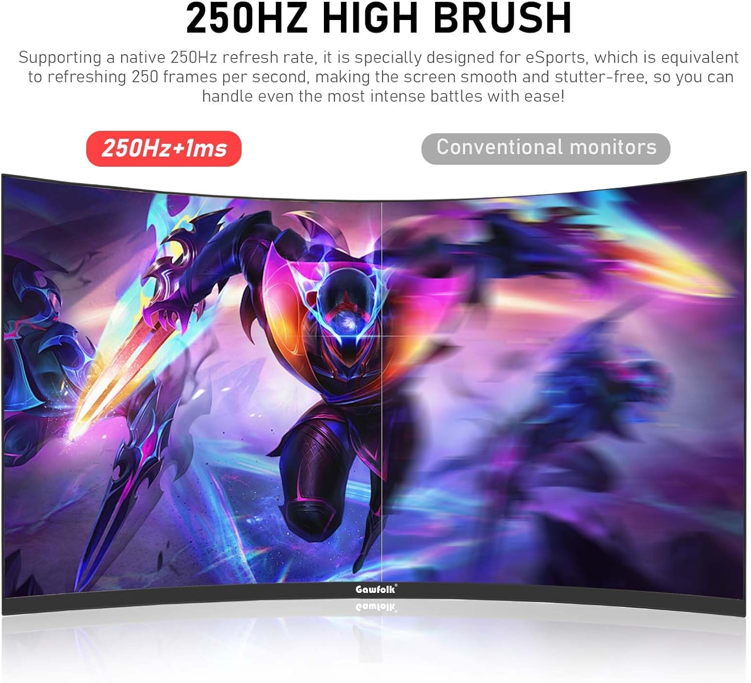 Gawfolk 27 Inch PC Computer Screen,1800R Curved Gaming 250Hz Monitors, FHD 1080p 1ms, Freesync, 98% sRGB,Built-in Speaker, HDMI2.0、DisplayPort, Compatible with Wall-Mounted 100 * 100MM-Black