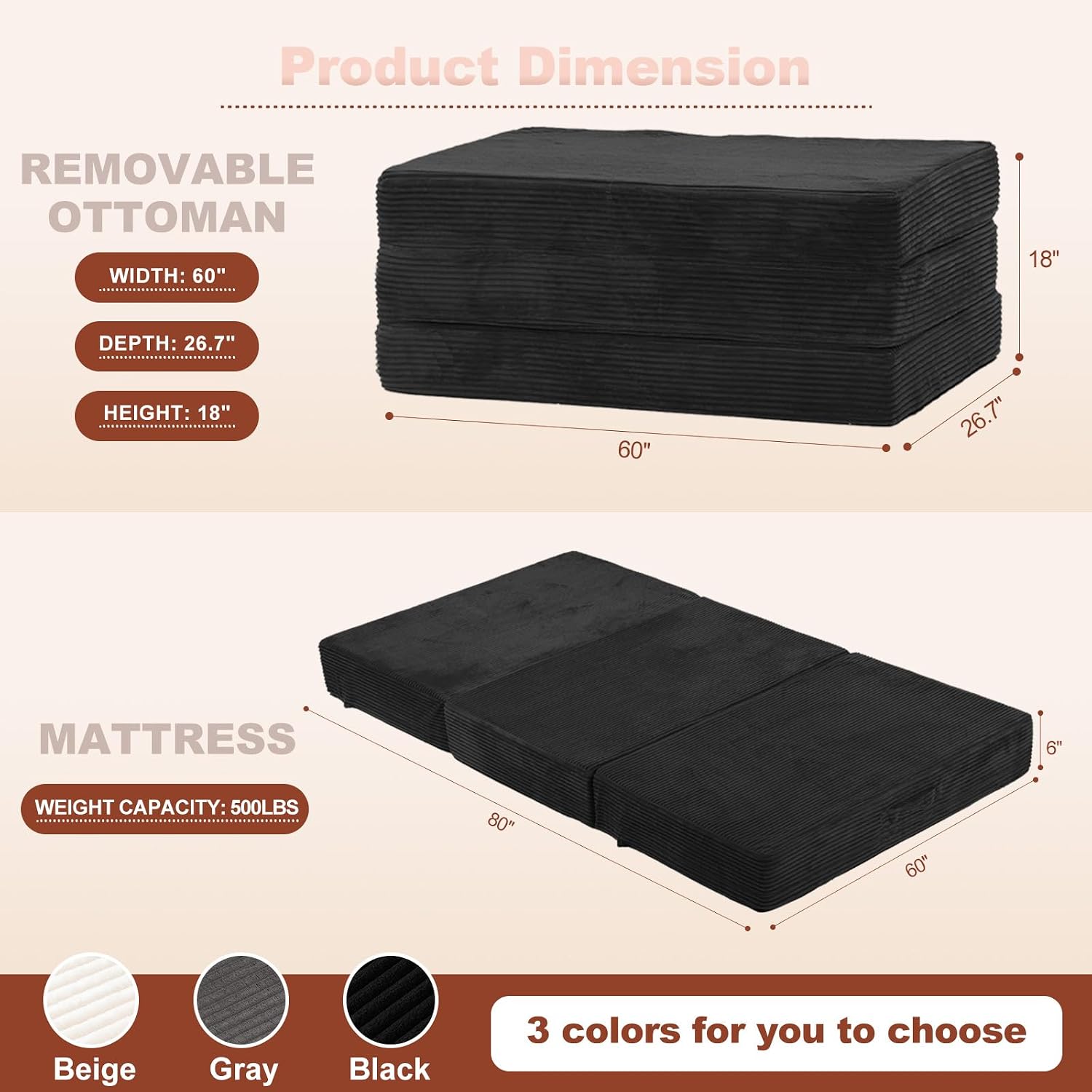6-Inch Tri-Fold Foldable Mattress, Folding Sofa Bed with Removable Washable Cover, Portable Futon Mattress Full Size Floor Guest Mat with Non-Slip Bottom & Carry Handles for Camping (Black, Queen)