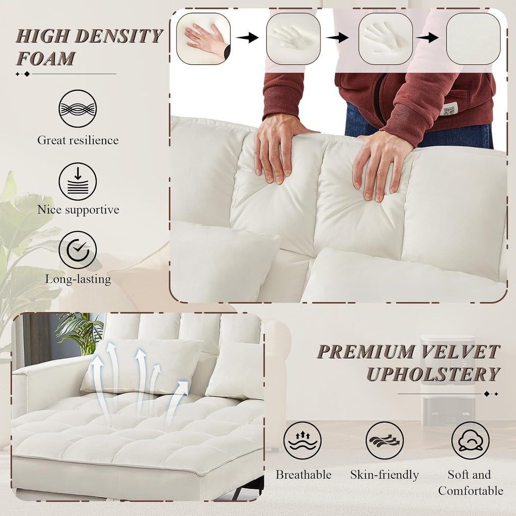 3 in 1 Convertible Sleeper Sofa Bed, Futon Couches for Living Room with Side Pocket/Adjustable Backrest, Velvet Upholstered Pull Out Couch, Small Loveseat Sofa Bed for Bedroom Office Small Spaces