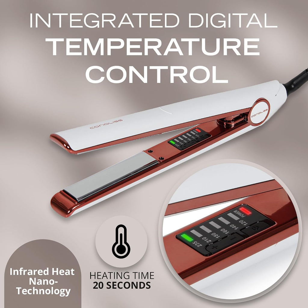 Corioliss C1 Flat Iron Hair Straightener Professional Titanium Plates Temperature Control Travel Case (White Copper)