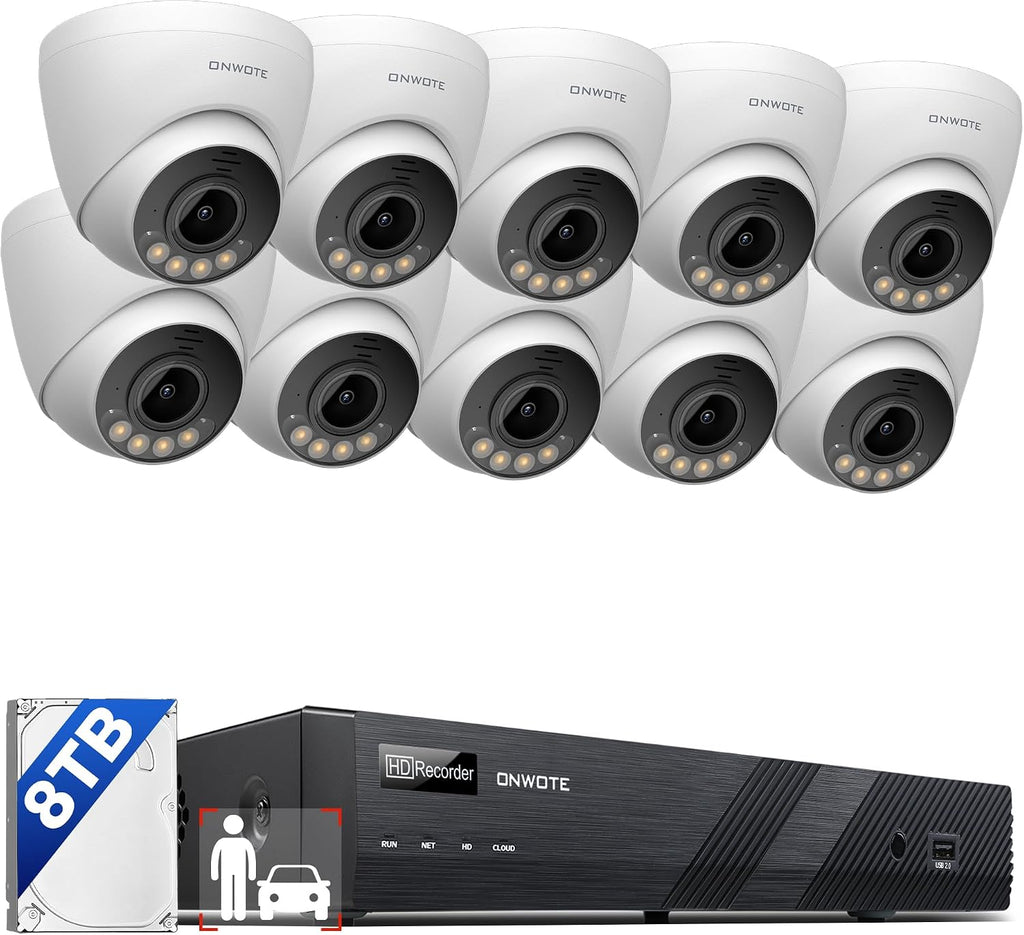 ONWOTE 12MP Security Camera System PoE 8TB HDD, 12 Million Pixels @30fps, 2 Way Talk, Smart Color Night, 10x 12MP IP Cameras with IMX577 Image Sensor, 16CH 6K Commercial NVR, 10x Cables (Total 800ft)