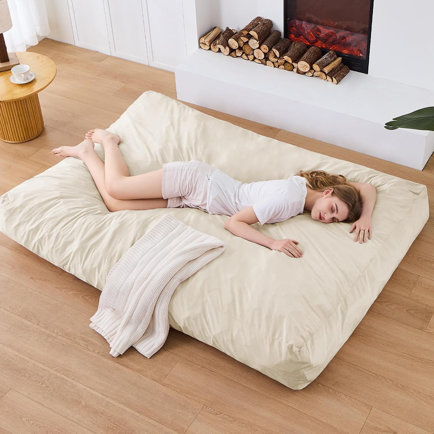 Bean Bag Chairs for Adults - Giant Bean Bag Chair Convertible Bean Bag Bed - Beanbag Chair with Micro Fiber Cover/Furniture Foam Filler - Floor Couch Sofa in Bedroom Dorm Room - Queen Beige