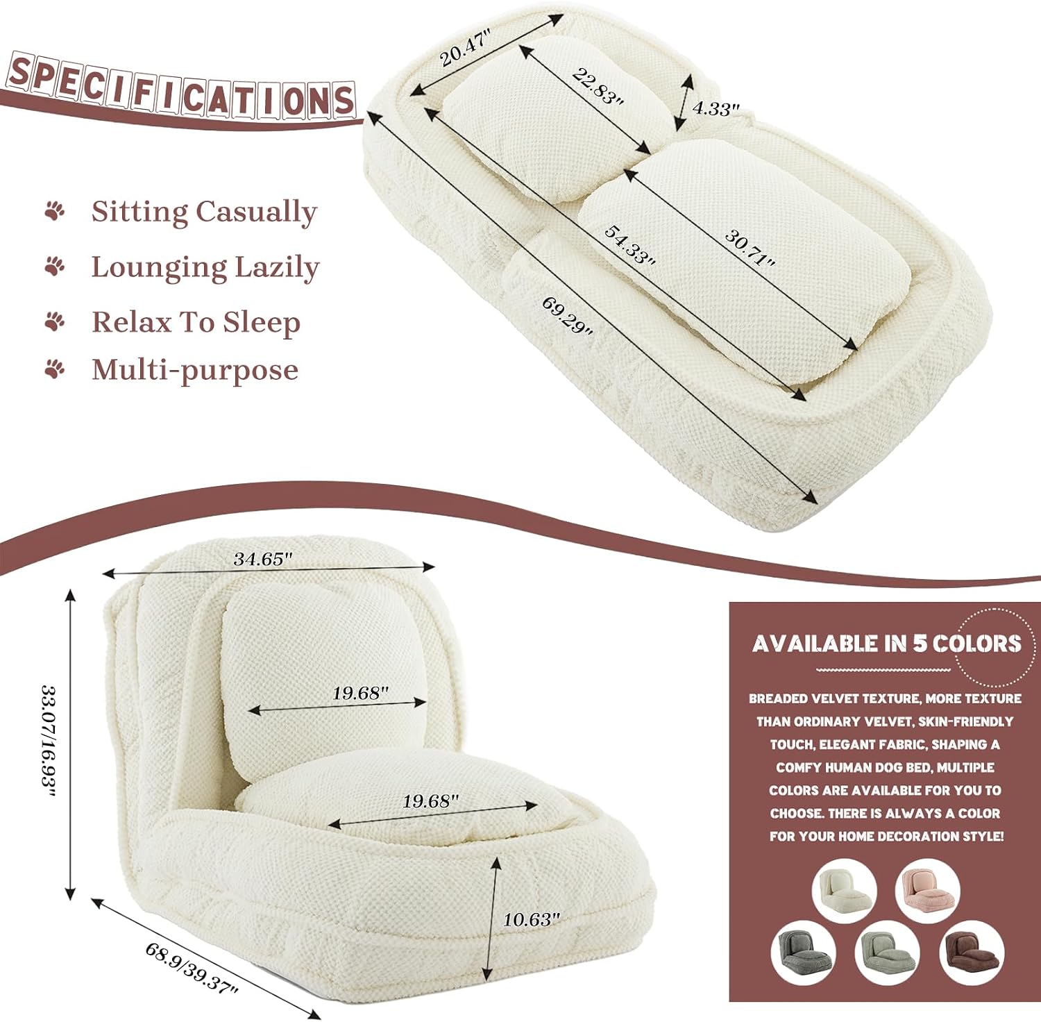 Upholstered Human Dog Bed for Adult & Pets, Convertible Lazy Sofa Bed with 5 Adjustable Position, Comfy Tatami Bean Bag Lounge Chair with 2 Soft Pillows for Bedroom Living Room Office (Ivory)
