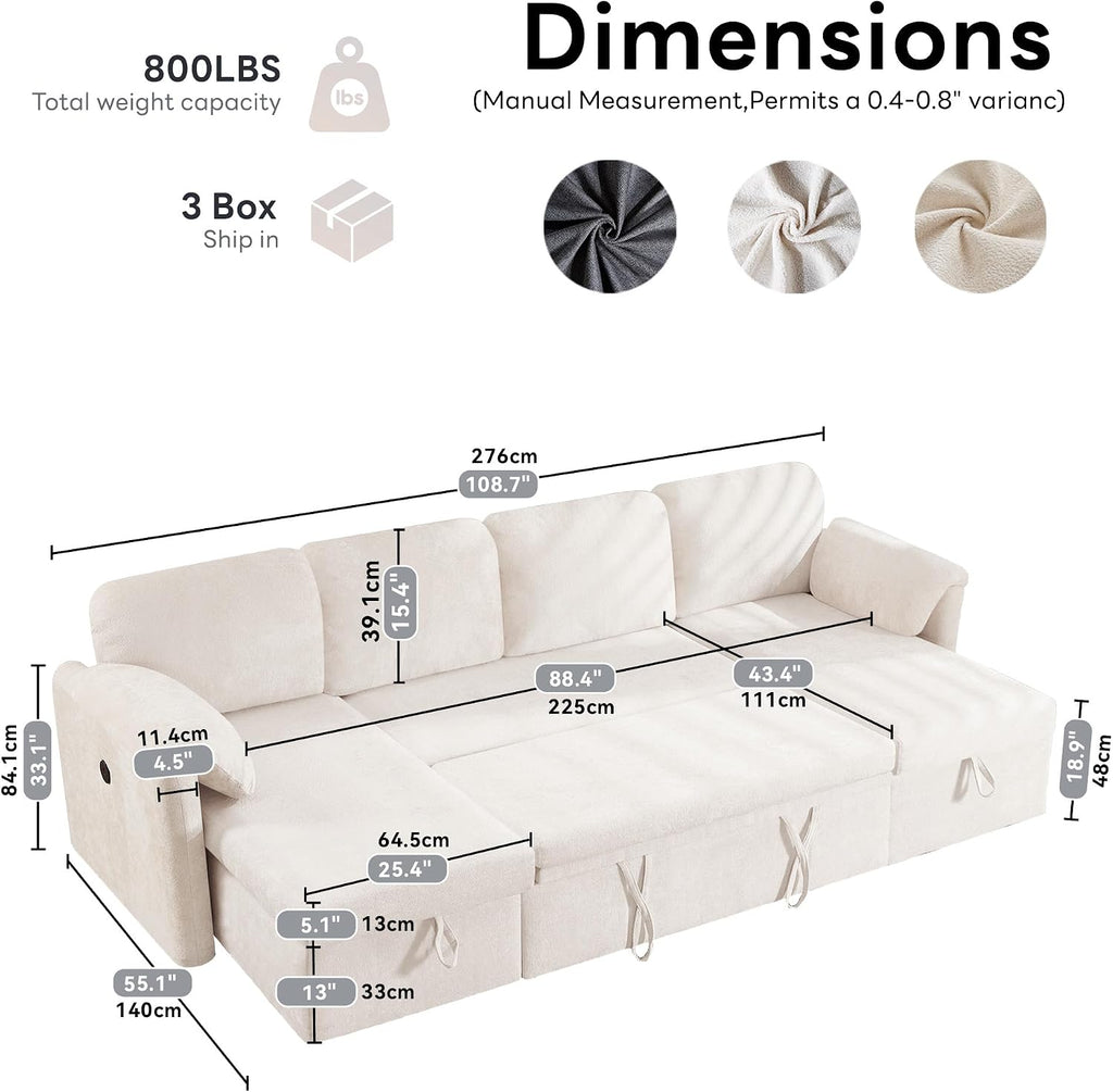 Tbfit 109'' Pull Out Sofa, Sleeper Sofa Bed with USB & 2 Storage Chaises, Comfy Oersized U Shaped Convertible Sectional Sleeper Couches for Living Room, Apartment, Office, White Sherpa