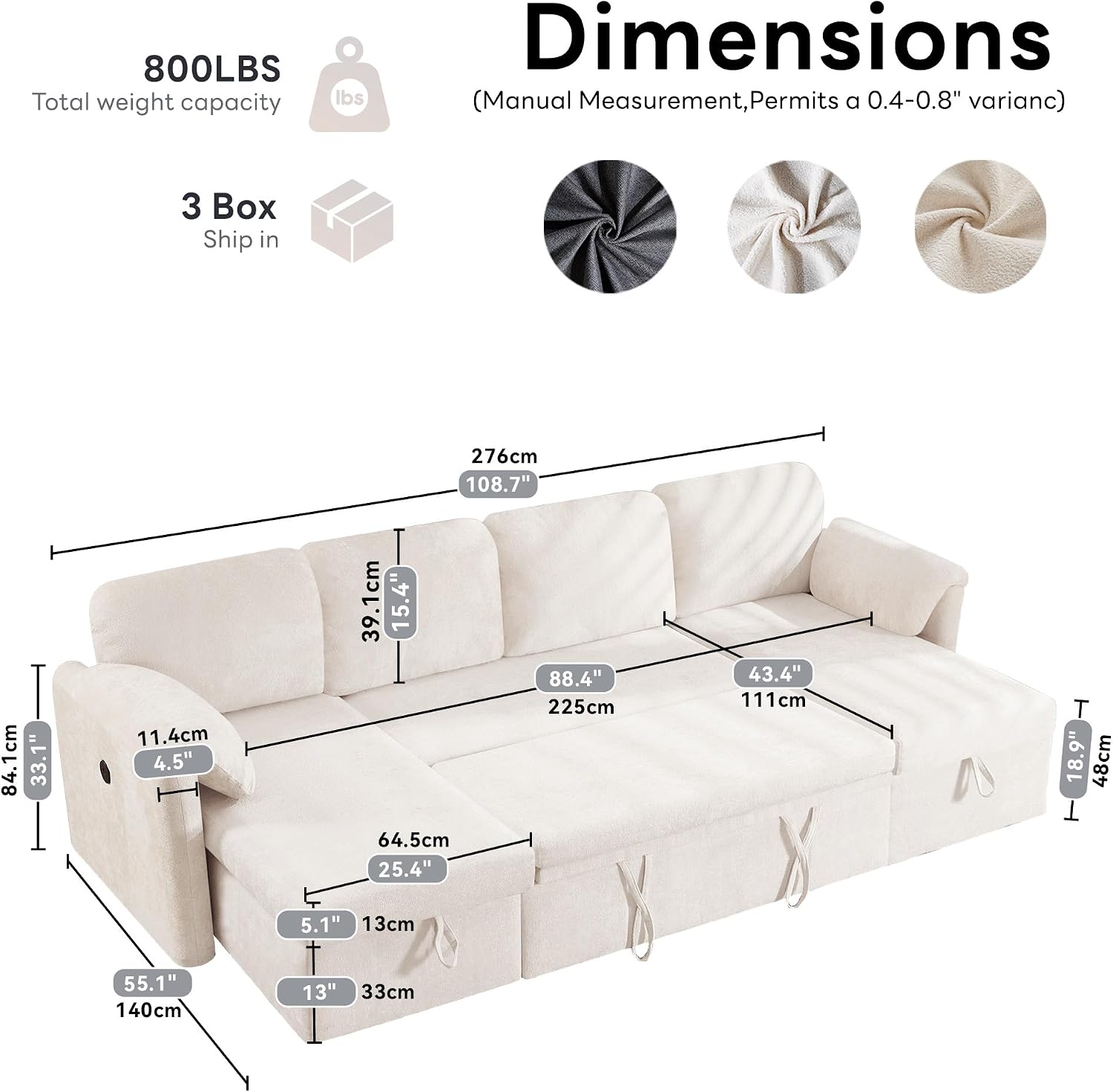 Tbfit 109'' Pull Out Sofa, Sleeper Sofa Bed with USB & 2 Storage Chaises, Comfy Oersized U Shaped Convertible Sectional Sleeper Couches for Living Room, Apartment, Office, White Sherpa
