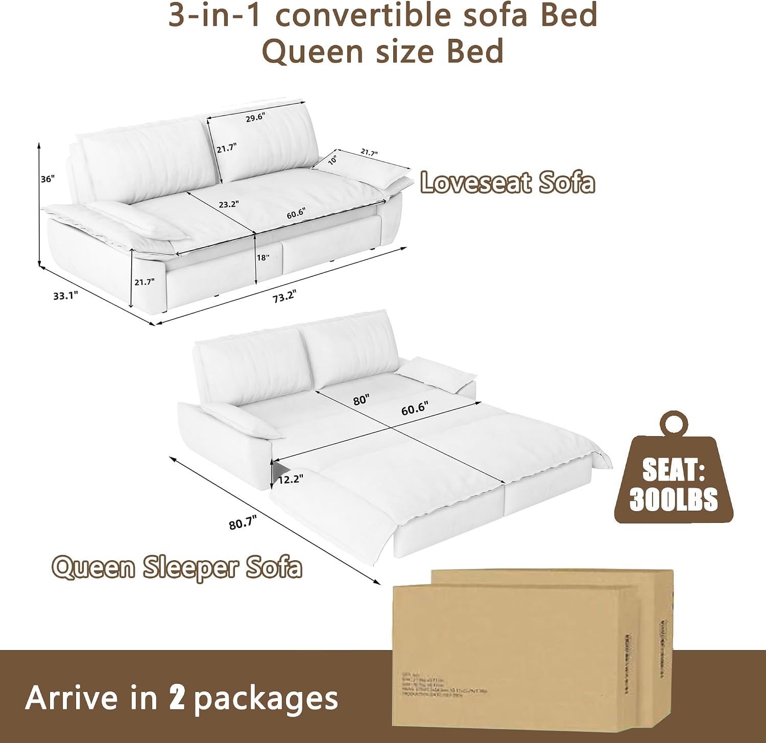 73.2' Sofa Bed Queen Size, Pull Out Couch Bed, 3-in-1 Convertible Sleeper Sofa with Cushion Armrest, Modern Corduroy Futon Couch for Living Room, Small Space, Apartment, Bedroom, Camel