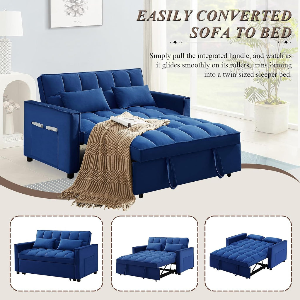 3 in 1 Convertible Sleeper Sofa Bed, Futon Couches for Living Room with Side Pocket/Adjustable Backrest, Velvet Upholstered Pull Out Couch, Small Loveseat Sofa Bed for Bedroom Office Small Spaces