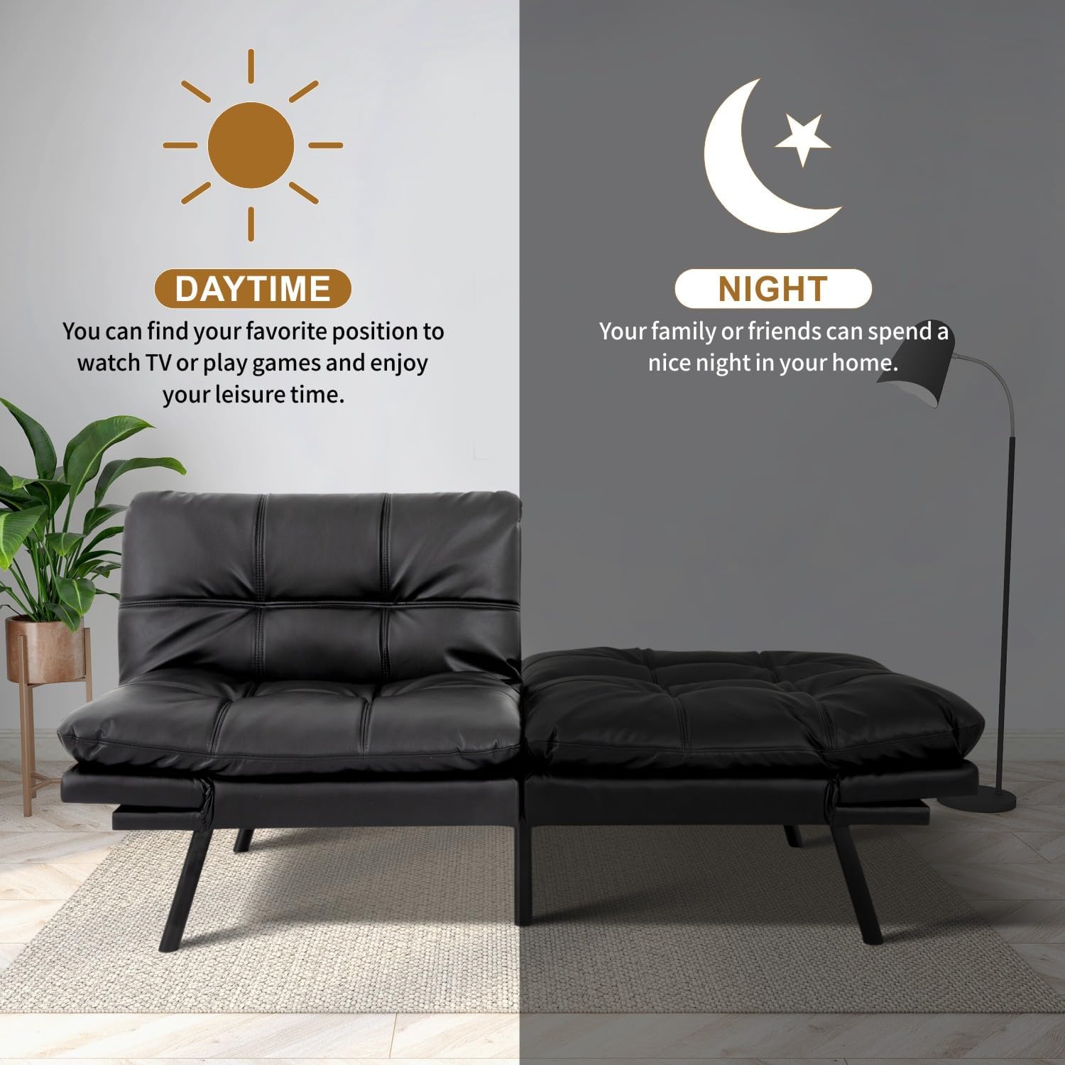 Convertible Memory Foam Sofa Bed with Adjustable Backrest & Armrest, Modern Futon Couch for Living Room, Office, Apartment, Space-Saving Design, Easy Assembly,Matte Black