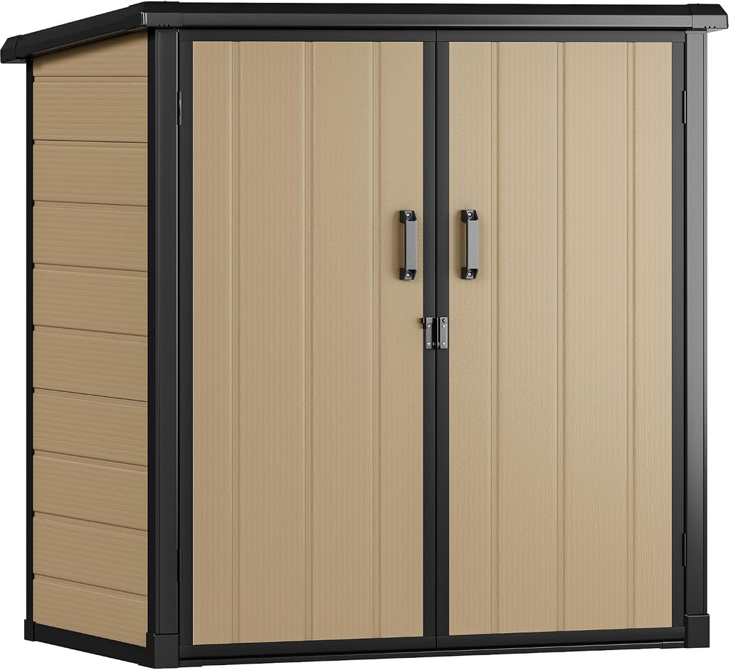 DWVO 4.2x2.6ft Outdoor Storage Shed with 2 Shelves, 54 Cu Ft Waterproof Resin Garden Shed with Floor & Lockable Door, Plastic Tool Cabinet for Garbage Cans, Lawn Equipment, Garden Supplies (Brown)
