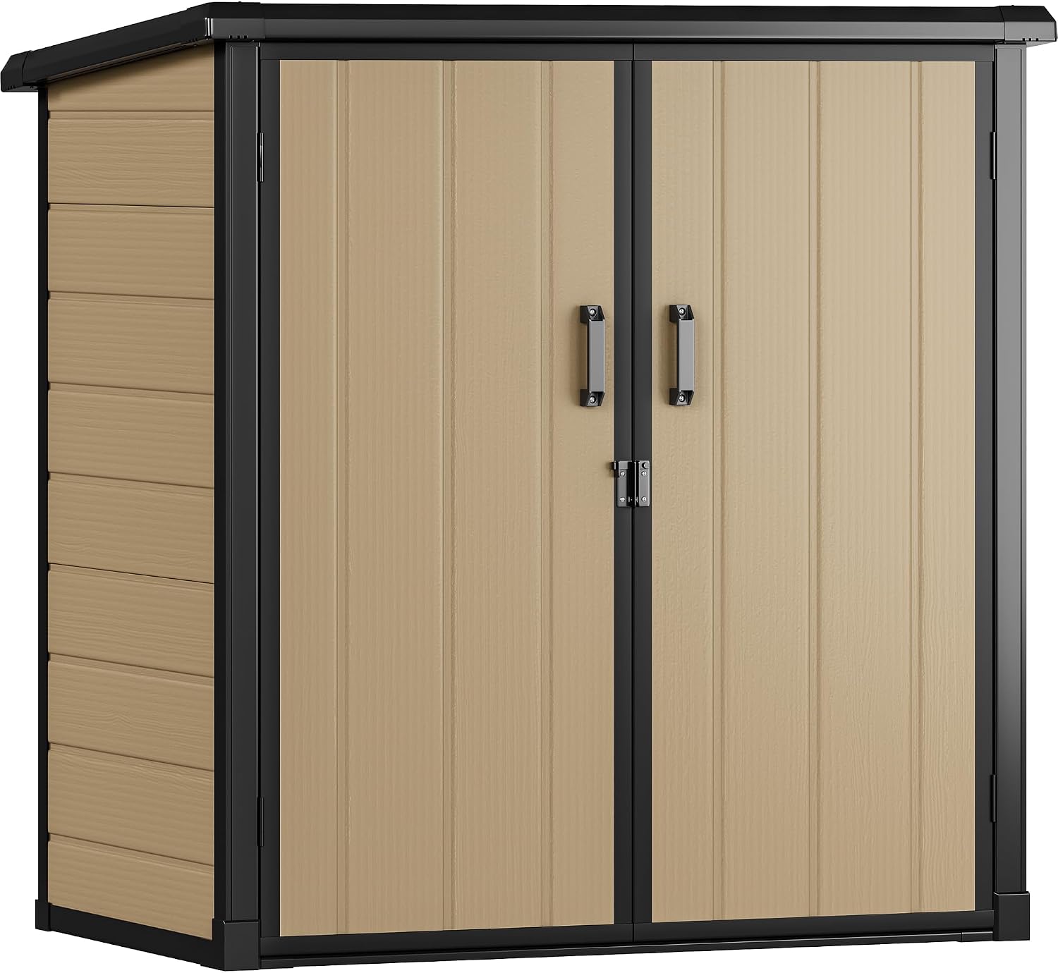DWVO 4.2x2.6ft Outdoor Storage Shed with 2 Shelves, 54 Cu Ft Waterproof Resin Garden Shed with Floor & Lockable Door, Plastic Tool Cabinet for Garbage Cans, Lawn Equipment, Garden Supplies (Brown)