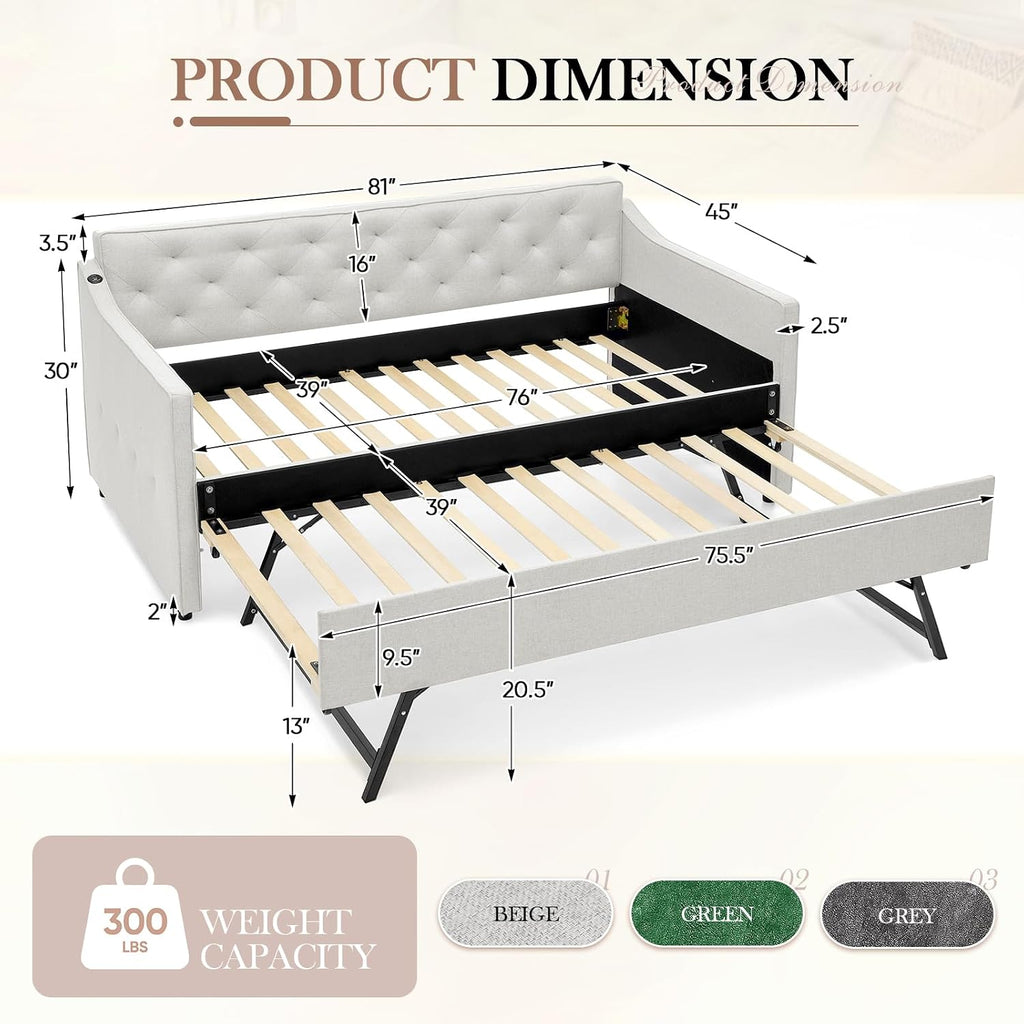 Antetek Daybed with Pop up Trundle, Fabric Upholstered Twin Size Day Bed Pull-Point Sofa Daybed Frame w/Twin Roll-Out Trundle/USB Port, Furniture for Bedroom, Living Room, Guest Room, Beige