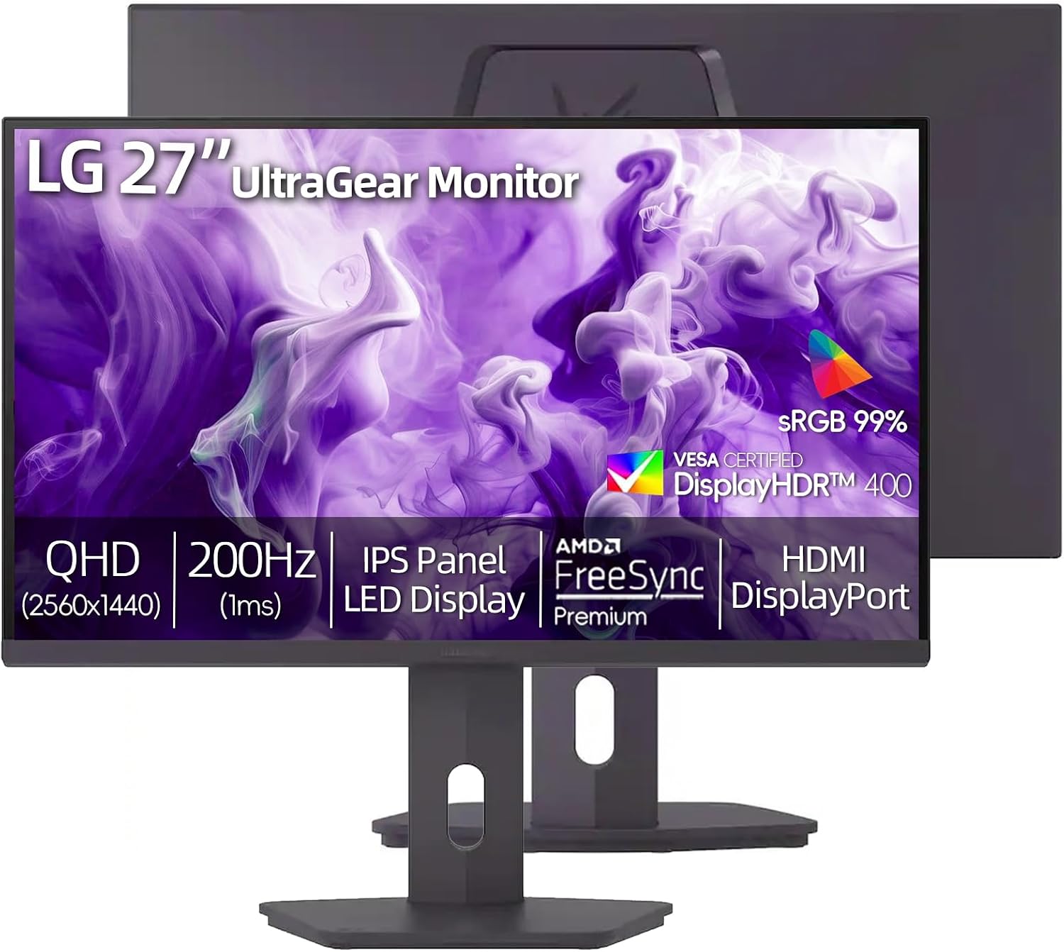 LG Ultragear 27' QHD Gaming Monitor, 1440p IPS Display, 200Hz, 1ms Response, DisplayHDR 400, FreeSync Premium, HDMI, Displayport, USB Type-C, Tilt/Height/Swivel & Pivot Adjustment Stand