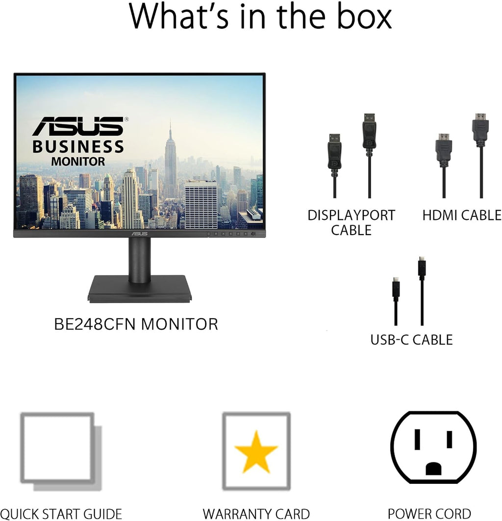 ASUS 24' Docking Monitor (BE248CFN) – WUXGA (1920x1200), IPS, 100Hz, Frameless, USB-C Docking, RJ45, Speakers, Height Adjustable, HDMI, Daisy-Chain, Eye Care, Wall Mountable, 3 yr Warranty