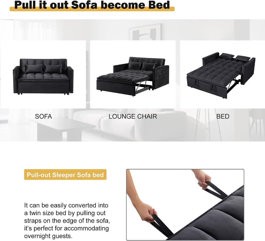 Convertible Sofa Bed, Pull Out Sofa Bed with Adjustable Backrest, 3 in 1 Velvet Fabric Loveseat Sleeper Sofa Bed Couch with Side Pockets for Living Room, Bedroom, Apartment, Black