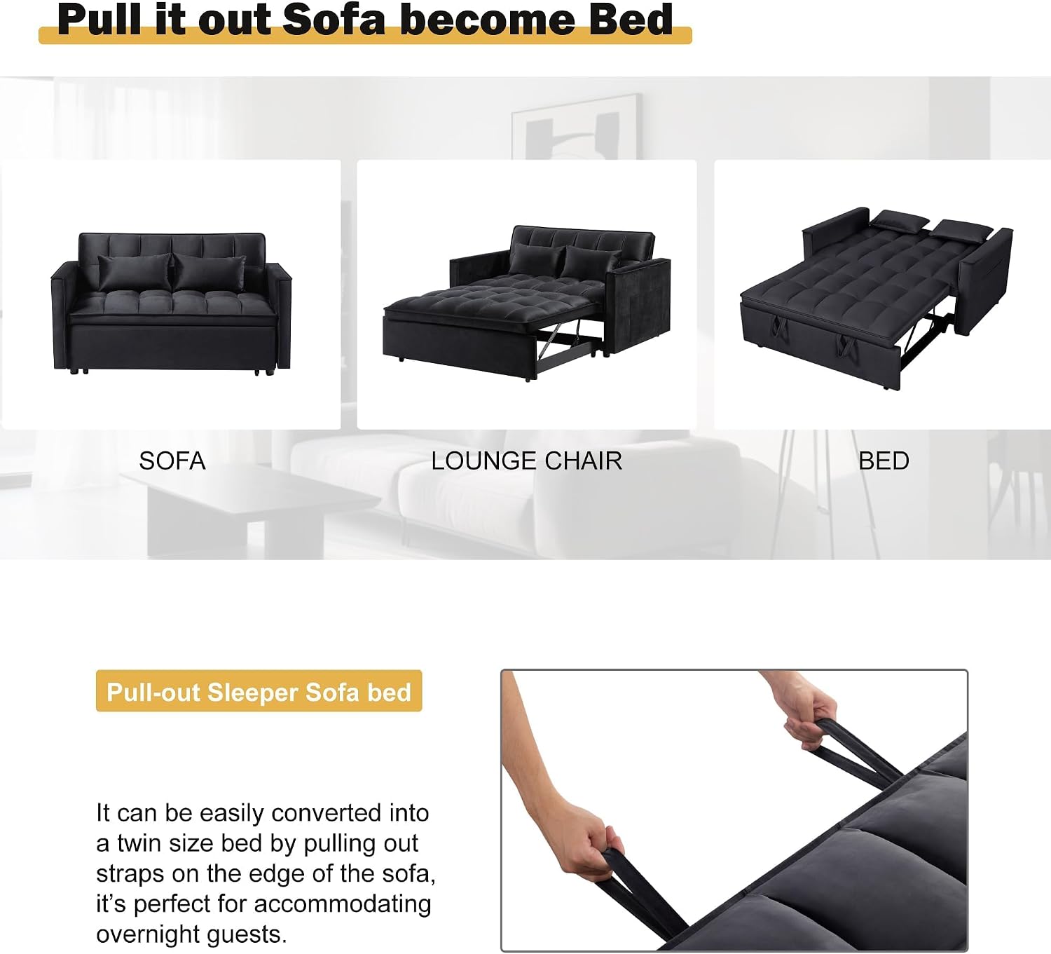 Convertible Sofa Bed, Pull Out Sofa Bed with Adjustable Backrest, 3 in 1 Velvet Fabric Loveseat Sleeper Sofa Bed Couch with Side Pockets for Living Room, Bedroom, Apartment, Black
