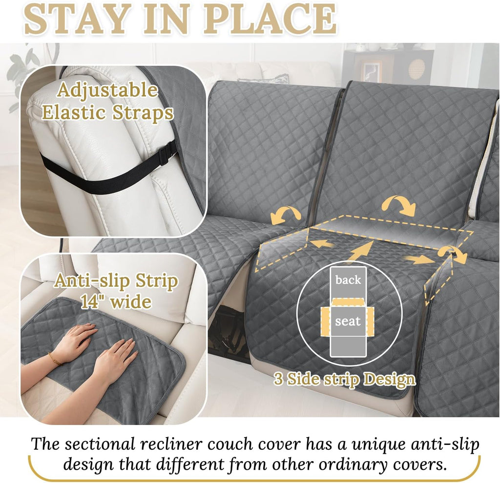 HDCAXKJ 100% Waterproof Velvet Recliner Sectional Couch Covers L Shaped Corner Reclining Sofa Cover Washable Thick Non Slip Sectional Slipcover with Pockets (5 Seat and 2 Middle Console, Dark Gray)