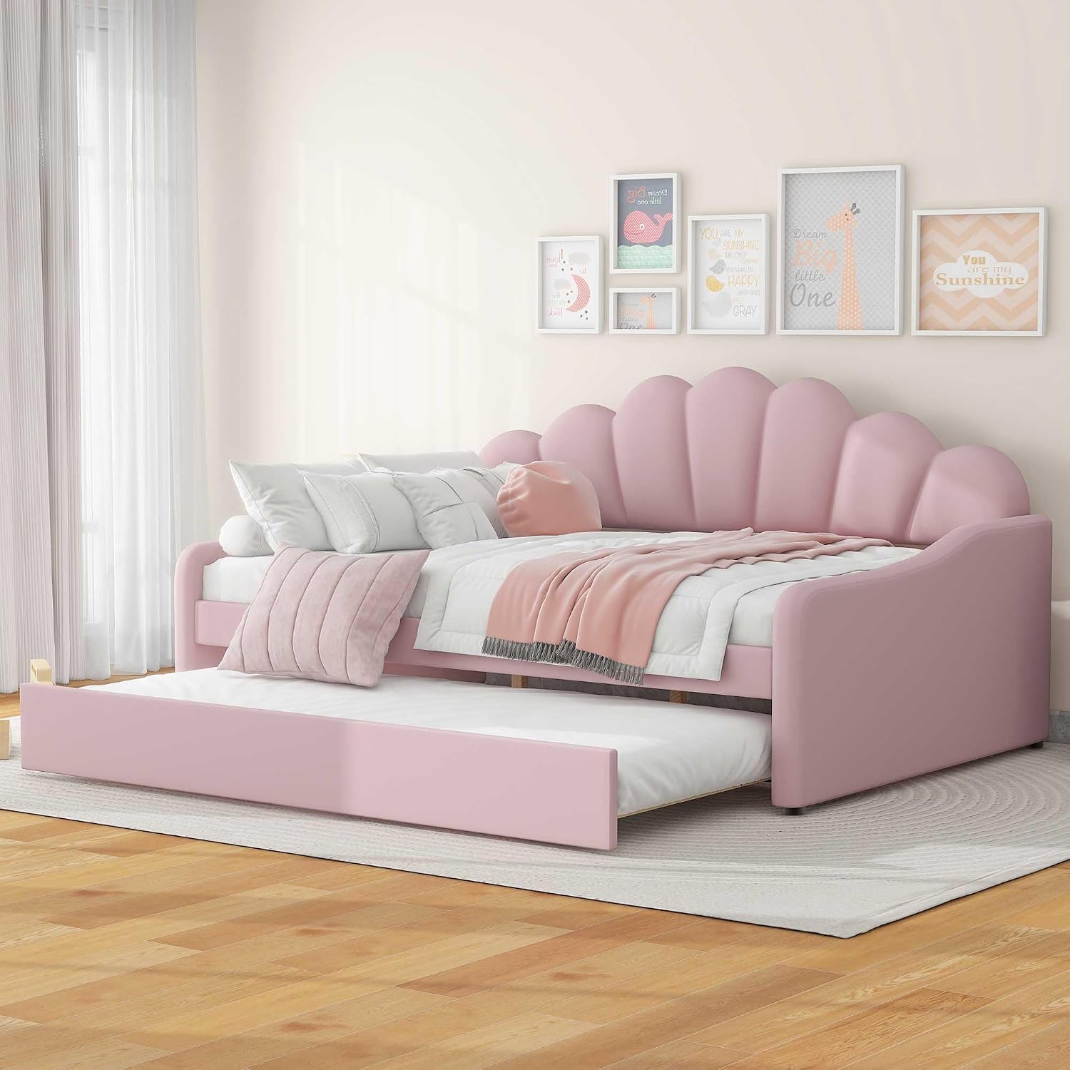 Bellemave Full Size daybed with Trundle, Sofa Bed Full Size, daybed with Trundle for Adults, Kids, Girls, Teens, Trundle Bed for Living Room, Velvet, Pink(Mattress not Included)