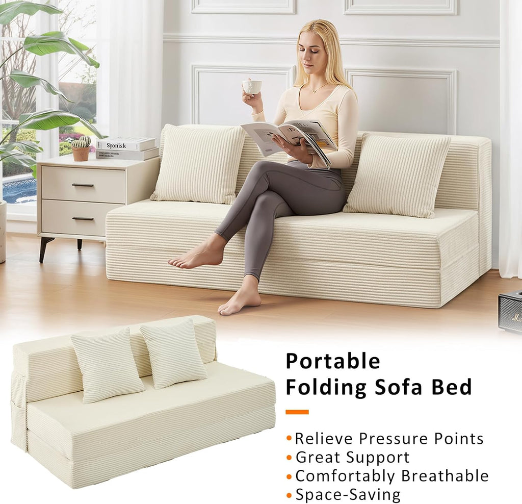 JKMAX Queen Size Folding Sofa Bed - 4 in 1 Convertible Sleeper Chair with Two Pillows - High Density Memory Foam Futon Couch - Foldable Bed for Living Room Bedroom (Beige)