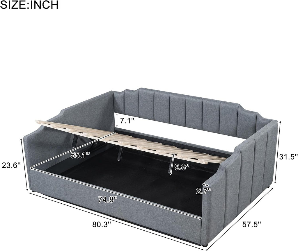 Merax Full Size Upholstered Daybed, Sofa Bed Frame with Underneath Storage, Space-Saving Corner Day Bed for Living Room Bedroom & Guest Room, No Box Spring Needed, Grey