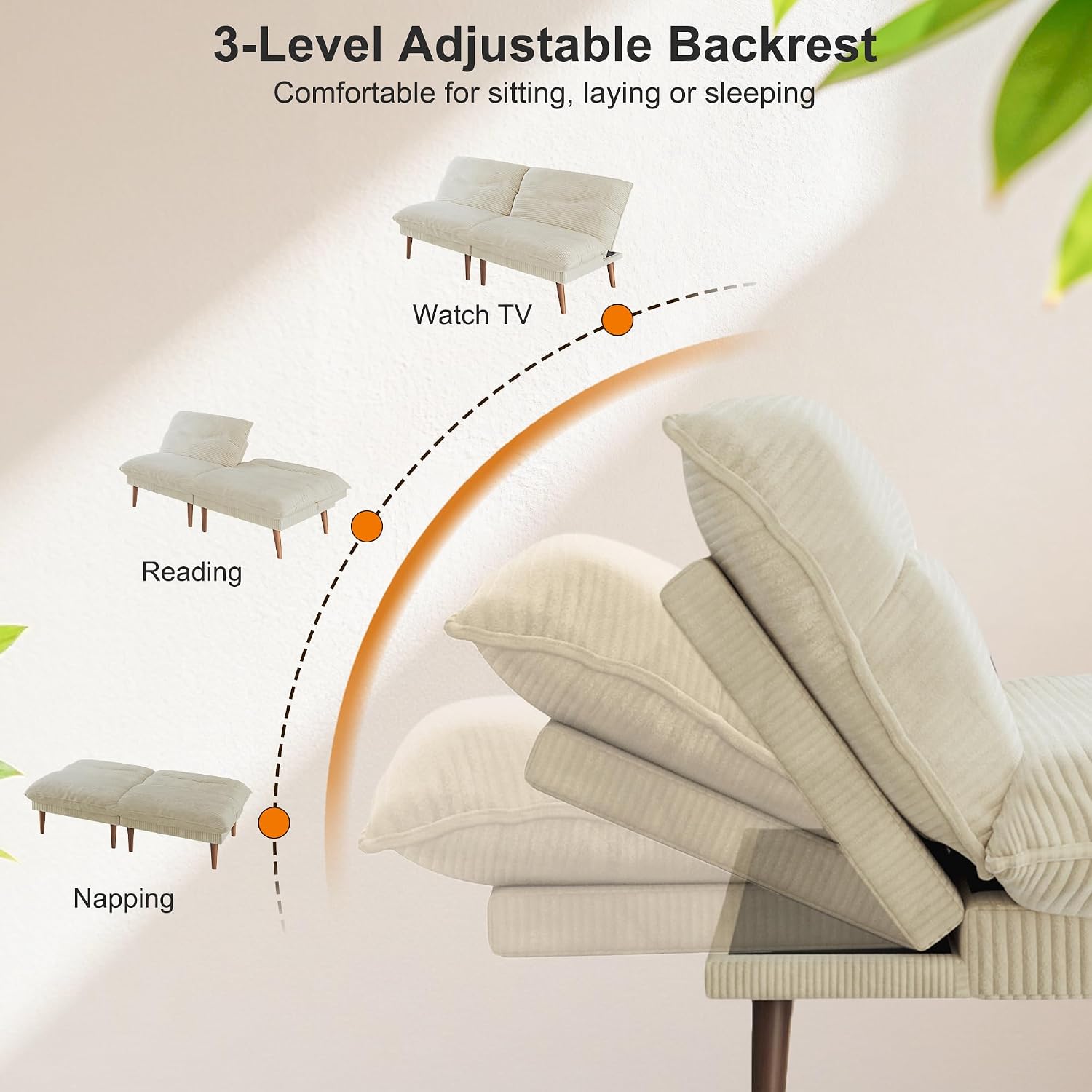 DreamDashio Futon Sofa Bed, 4 in 1 Multi-Functional Futon Couch with Adjustable Backrest, 75 inch Convertible Sleeper Sofa Bed and Recliner Lounge, Corduroy Loveseat for Living Room, Apartment, Beige