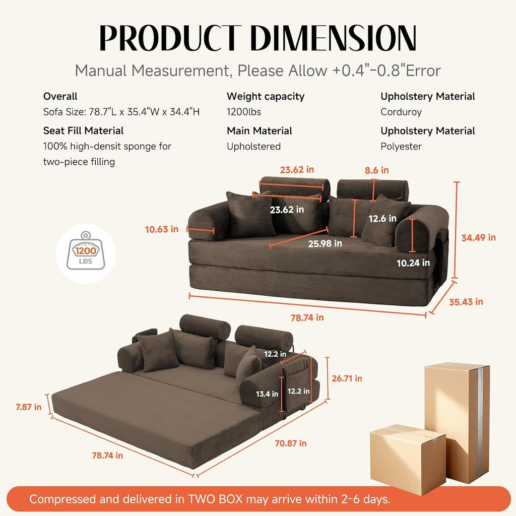 79' Convertible Boneless Couch for Small Spaces, 6-in-1 Corduroy Sofa Bed with High Backrest, Pillows, High-Density Foam Loveseat Sleeper Couch in a Box for Living Room, No Assembly, Brown