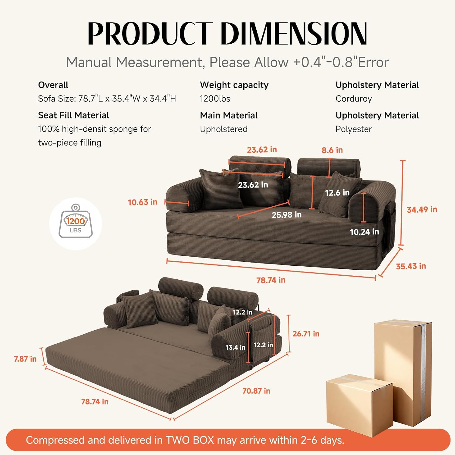 79' Convertible Boneless Couch for Small Spaces, 6-in-1 Corduroy Sofa Bed with High Backrest, Pillows, High-Density Foam Loveseat Sleeper Couch in a Box for Living Room, No Assembly, Brown