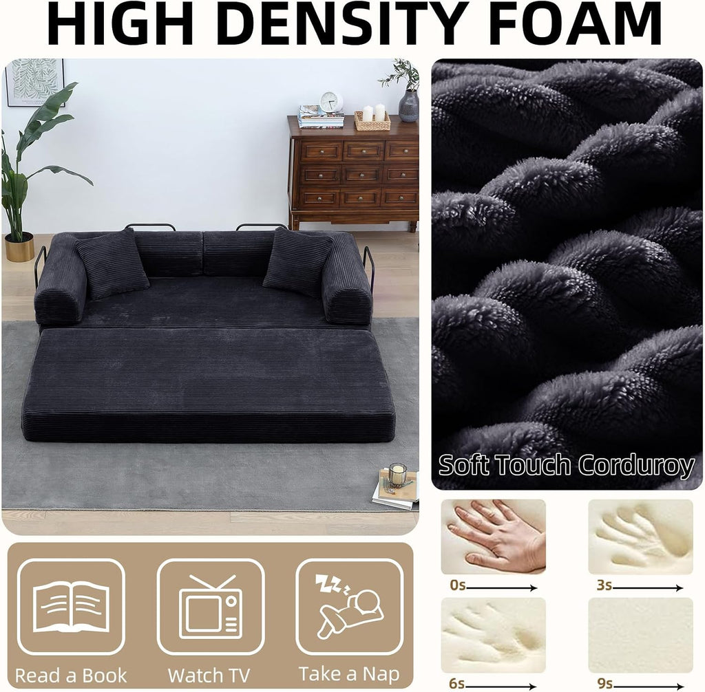 Convertible Folding Sofa Bed,Fold Out Floor Sofa Couch with Fixed-Shape Frame,Corduroy Foldable Mattress Cloud Couch for Living Room Bedroom (Black, 78 Inch)