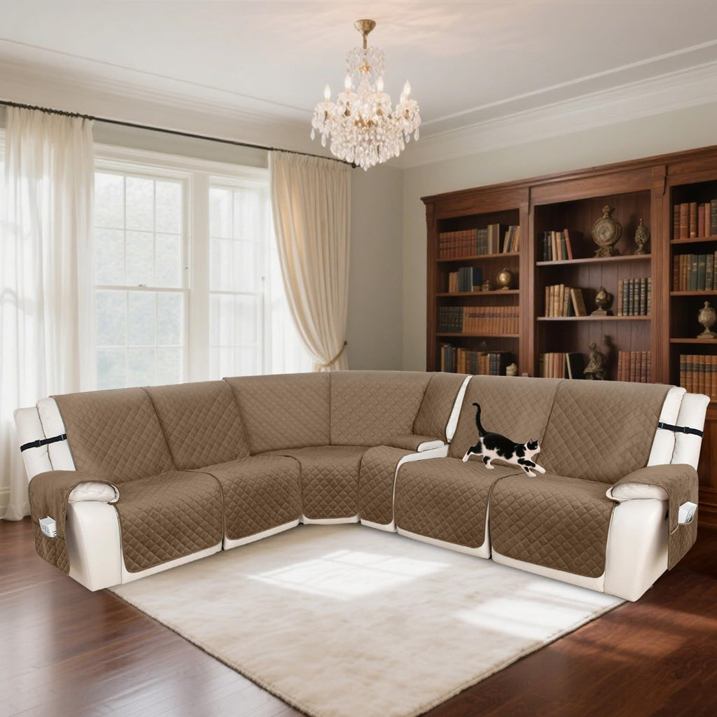 HDCAXKJ 100% Waterproof Recliner Sectional Couch Covers X-Large L Shaped Corner Reclining Sofa Cover Thick Non Slip Sectional Slipcover with Pockets (XL 5 Seat and 1 Middle Console, Light Brown)