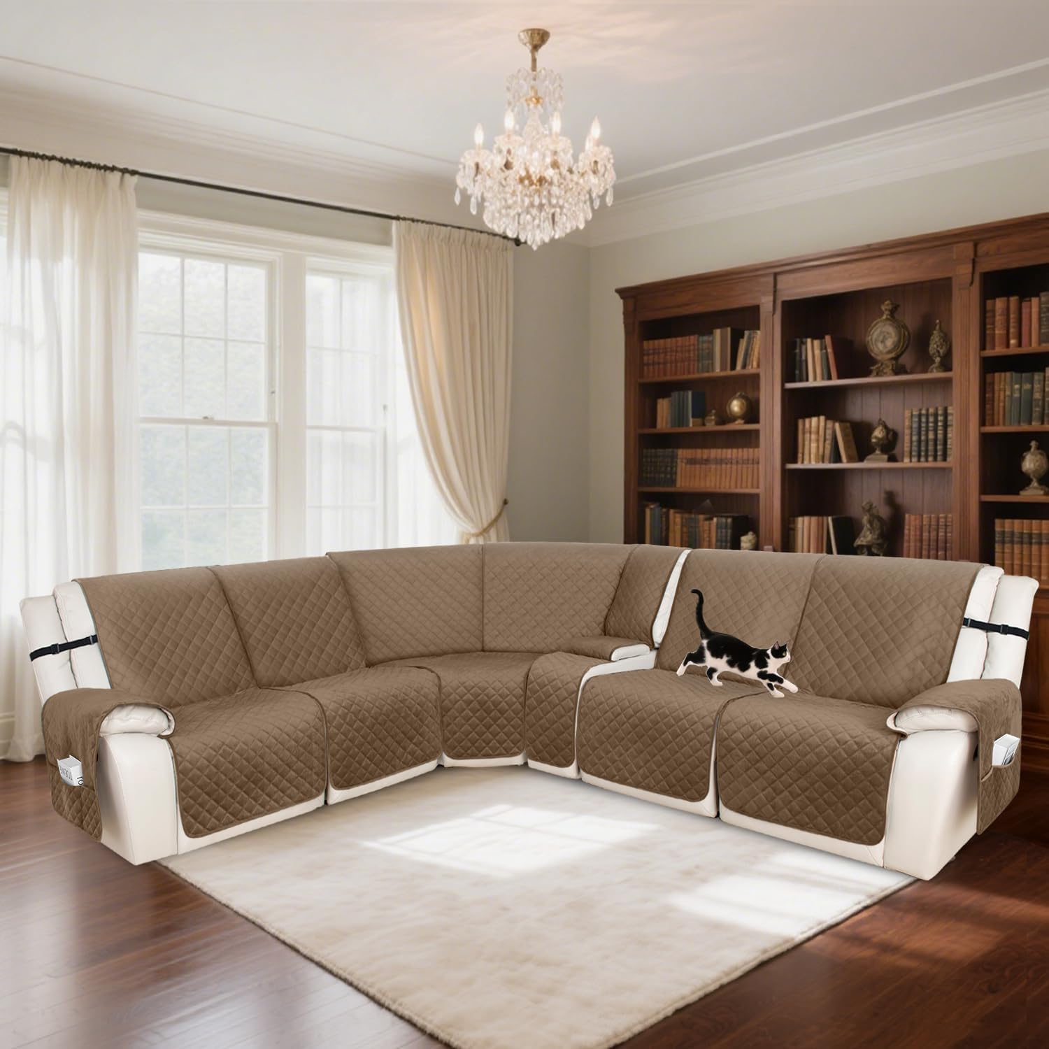 HDCAXKJ 100% Waterproof Recliner Sectional Couch Covers X-Large L Shaped Corner Reclining Sofa Cover Thick Non Slip Sectional Slipcover with Pockets (XL 5 Seat and 1 Middle Console, Light Brown)