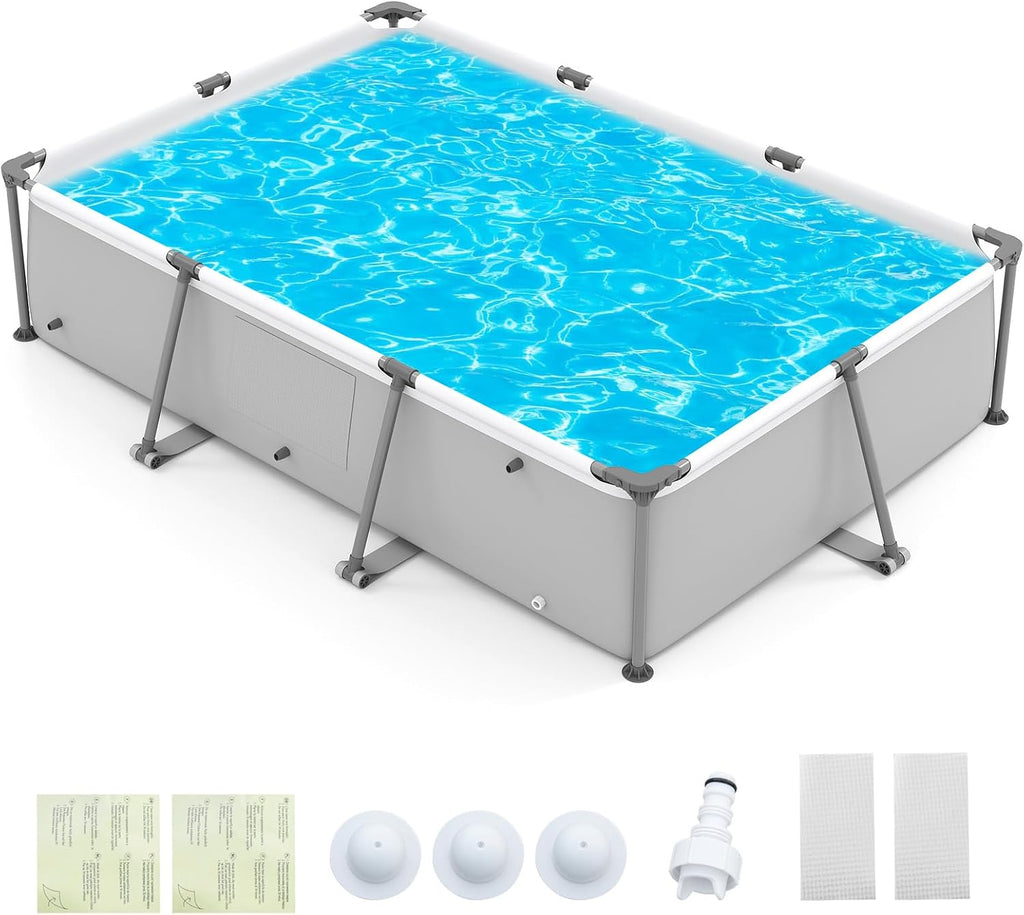 Goplus Above Ground Swimming Pool, 10'x6.8'x26'' Metal Frame Pool Set w/PVC Fabric, 3 Stoppers, Drainage Valve Connector, for Outdoor, Backyard, Garden, Patio (10' x 6.8' Rectangle, 978 Gal, Grey)
