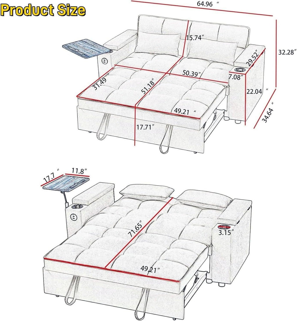 oaaktu Large Size Convertible Sleeper Sofa Bed,Polka dot Velvet Pull Out Futon Couch with Storage handrails & Rotating Side Tables,Convertible Sofa Couch for Living Room,RV (Khaki)