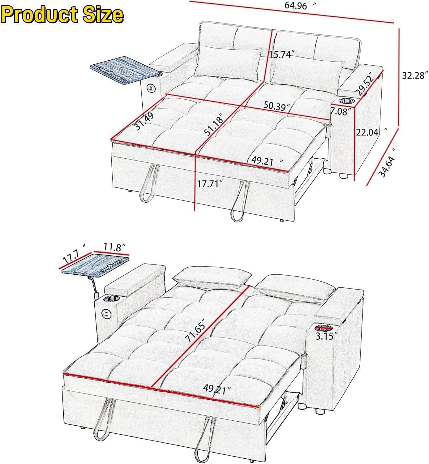 oaaktu Large Size Convertible Sleeper Sofa Bed,Polka dot Velvet Pull Out Futon Couch with Storage handrails & Rotating Side Tables,Convertible Sofa Couch for Living Room,RV (Khaki)