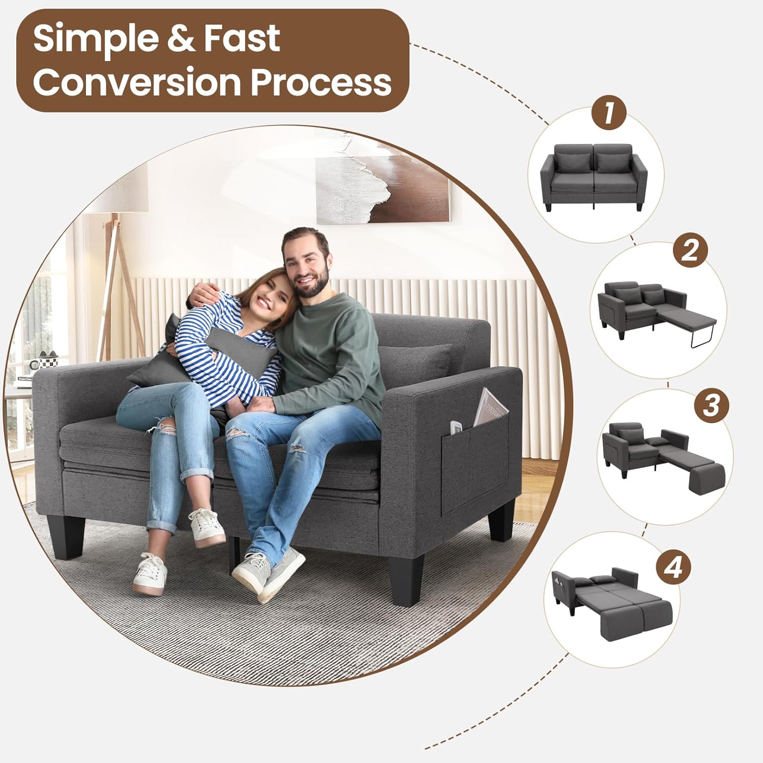 SEJOV 6-in-1 Convertible Sofa Bed, 58' Loveseat Sleeper Sofas with Pull Out Couch Bed, Removable Backrest, Storage Pockets and 2 Pillows, Modern Folding Linen Futon Couch for Small Spaces, Gray