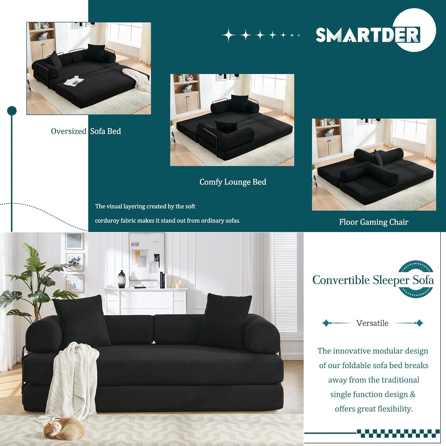 Convertible Folding Sofa Bed, Modular Floor Sofa with Removable Backrest, 3-Seater Fold Out Couch Bed with Pillows, King Size Futon Lazy Couch Corduroy Sleeper for Living Room, Dorm, Black