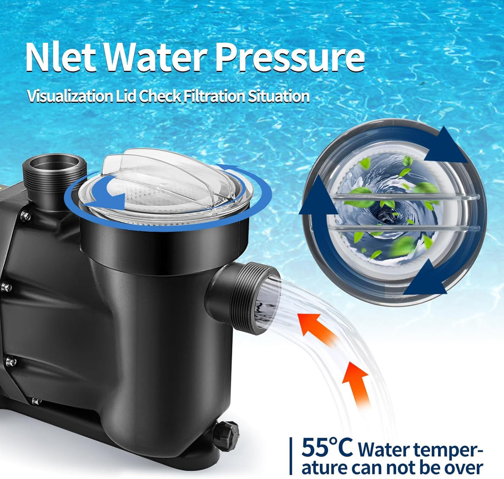 Leomru 2.5 HP Pool Pump 8880 GPH Self Priming in/Above Ground Swimming Pool Pump 110V Single Speed Pumps with Strainer Basket 4Pcs Connectors