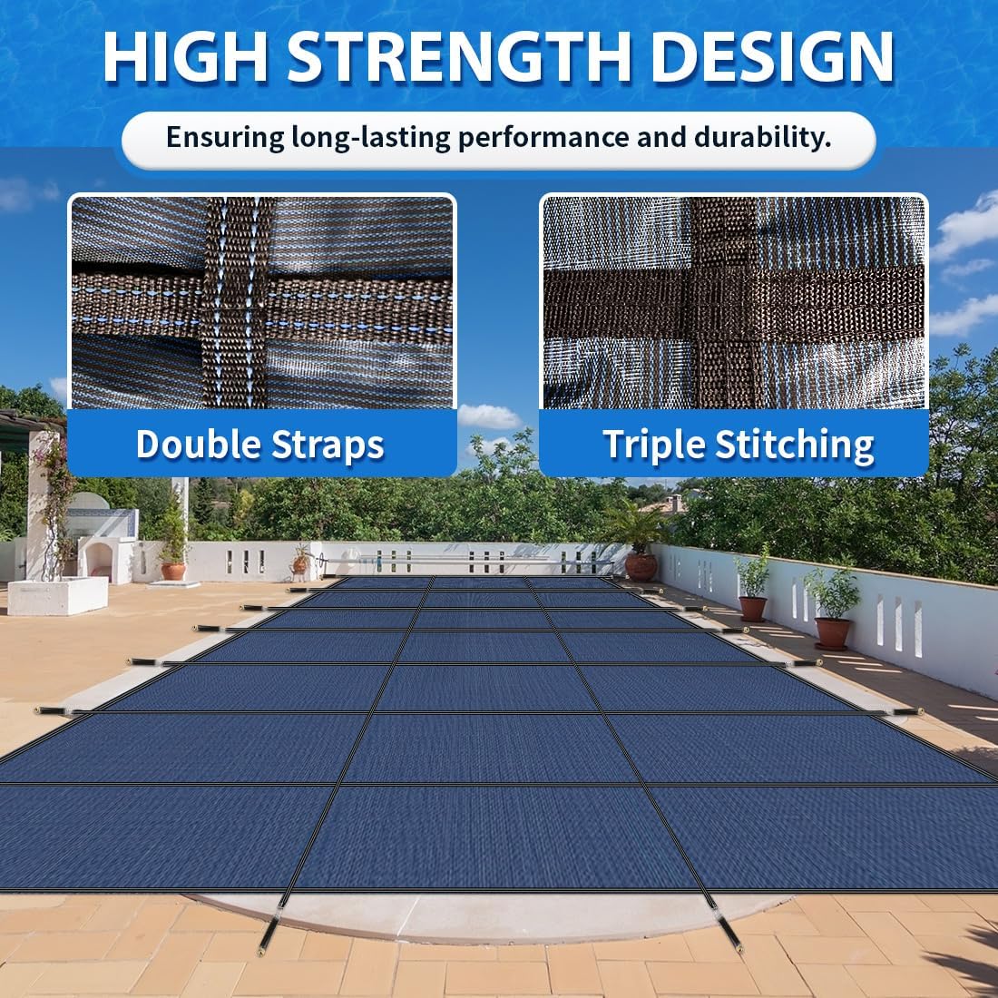 iCOVER Inground Pool Safety Cover, 16x32ft Rectangle Winter Safety Pool Cover for Inground Swimming Pools, Winter Pool Cover, Pool Covers for Inground Pools, Triple Stitched for High Strength, Blue