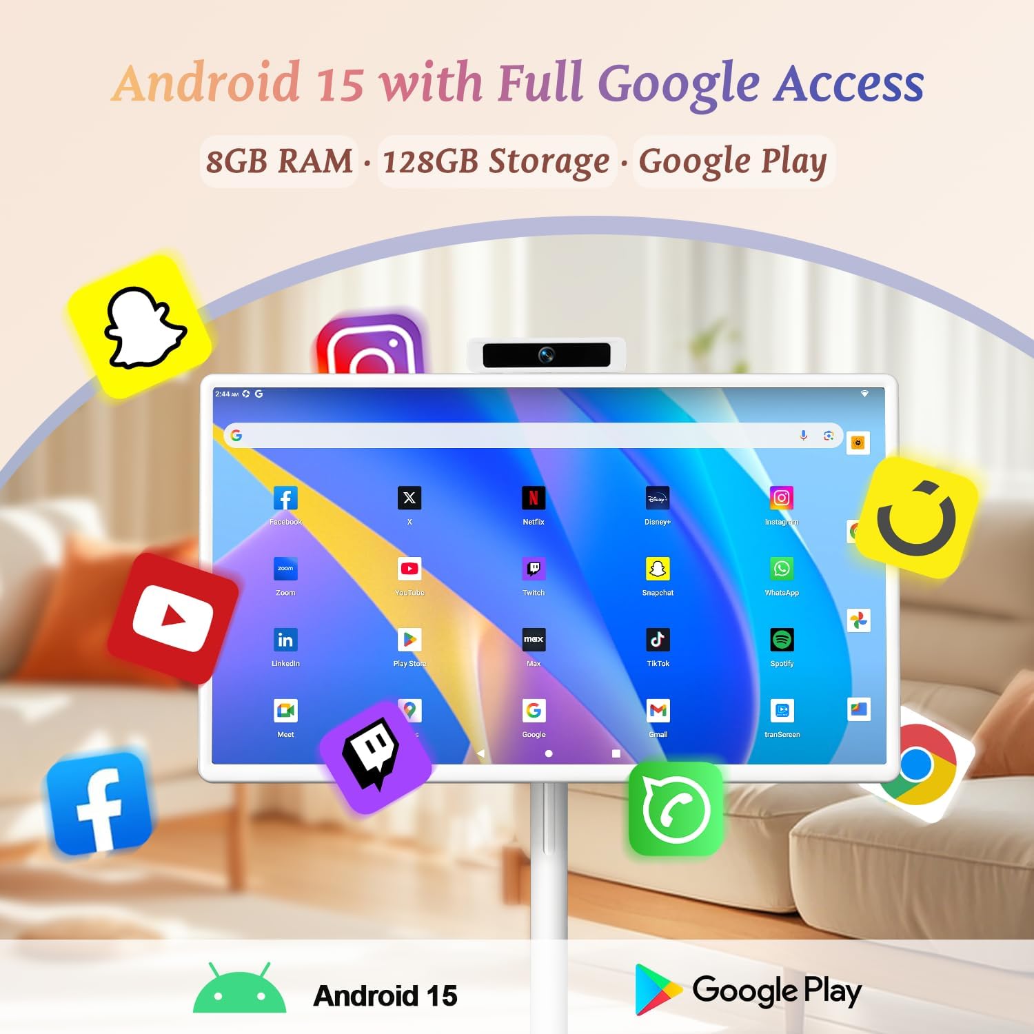 32 Inch Smart Portable TV, FHD Touch Screen Monitor on Wheels, Android 15, 8GB +128GB, Wireless Movable Display EDLA-Certified 5MP Camera 10W Stereo Speaker, 38,400 mAh Battery, Voice Airmouse Remote