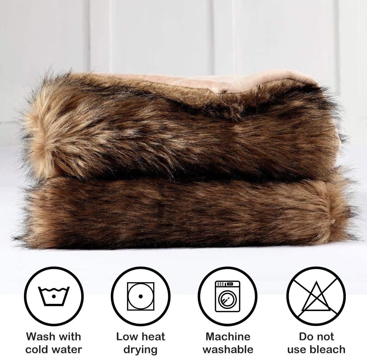 Luxury Plush Faux Fur Blanket Queen Size, Long Pile Brown with Black Tips, Oversized Super Warm, Fuzzy, Elegant, Fluffy Decoration Throw Blanket for Sofa, Armchair, Couch and Bed, 90'x90'