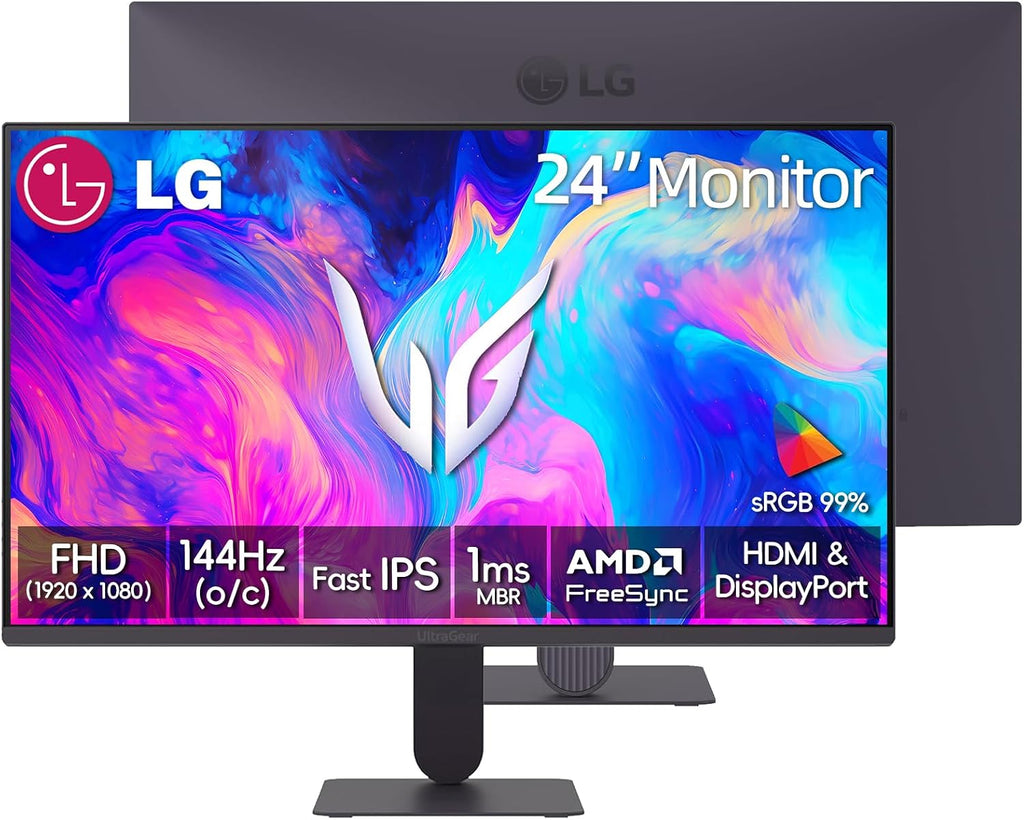 LG 24' Ultragear FHD Gaming Monitor, IPS Display, 144Hz Refresh Rate, 1ms MBR, HDR10, 99% sRGB, NVIDIA G-SYNC Compatible, AMD FreeSync, HDMI, DisplayPort, VESA Mountable, Ultra-Slim Bezel, Tilt, Black