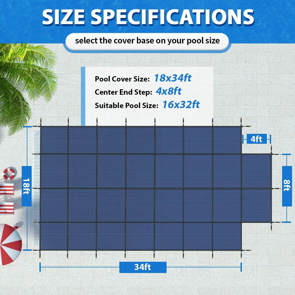 iCOVER Inground Pool Safety Cover, Fits 16x32ft Rectangular Pools with 4x8ft Center End Step, Winter Pool Covers for Inground Pools, Safety Pool Covers, Triple Stitched High Strength, Blue