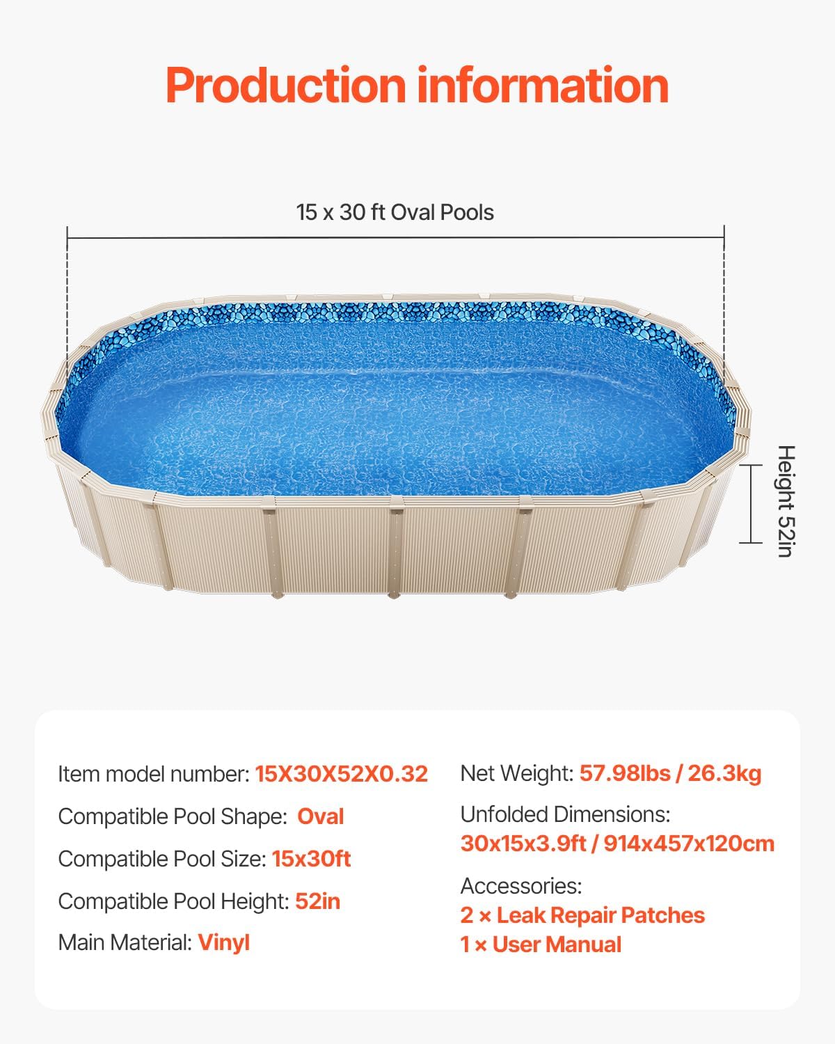 VEVOR 15 x 30 ft Oval Pool Liner, Unibead Above Ground Pool Liners, 52in Wall Height, Durable Standard Gauge Vinyl, Designed for Steel Sided Above-Ground Swimming Pools