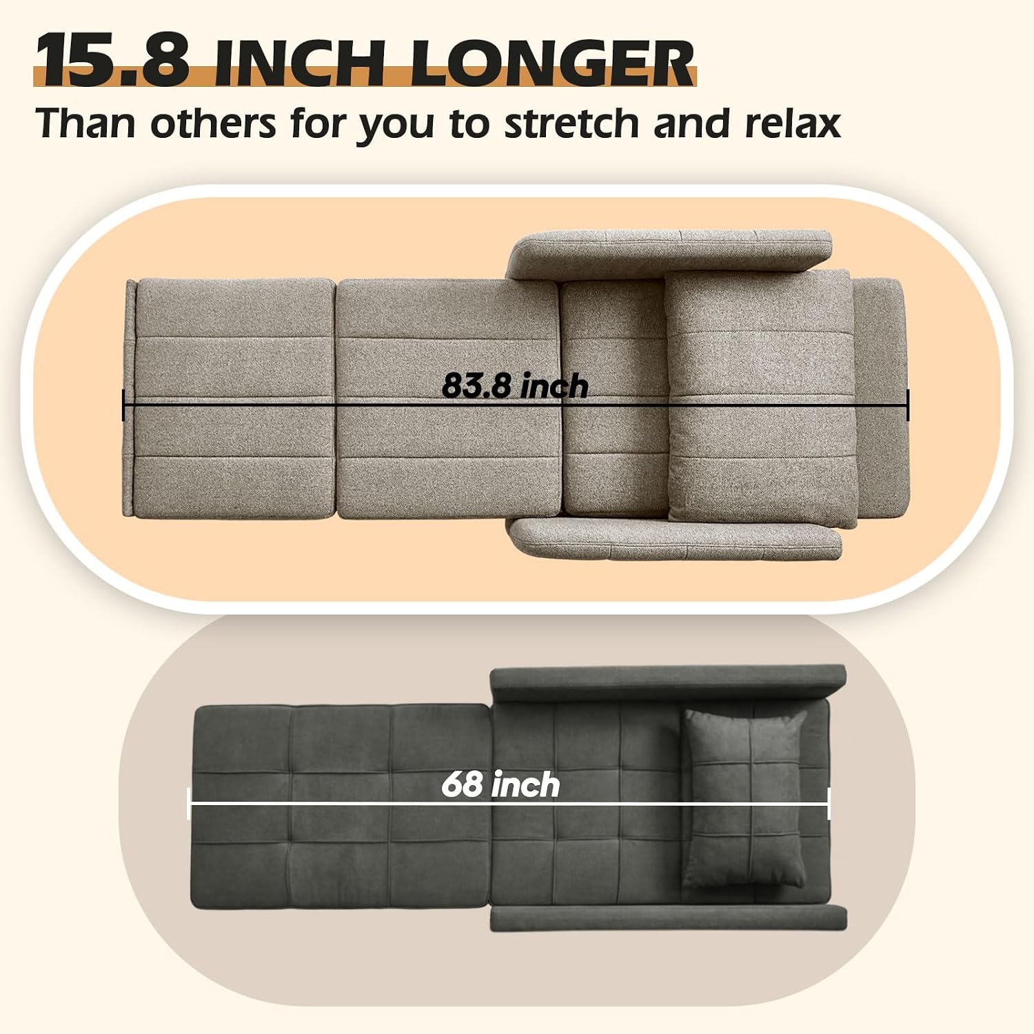 ZZW Sleeper Chair, 84' Extra Long Convertible Chair Bed, Upgraded 3-in-1 to 4-in-1 Pull Out Chair & Single Sofa Bed for Adult, Sleeping Chair for Living Room, Small Space (Light Grey)