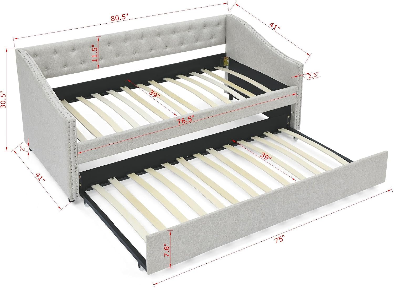KEIKI Twin Size Upholstery Daybed with Trundle and Headboard, Mid-Century Style Tufted Sofa Bed with Button on Back, Easy Assembly, No Box Spring Required, for Living Room and Bedroom, Beige