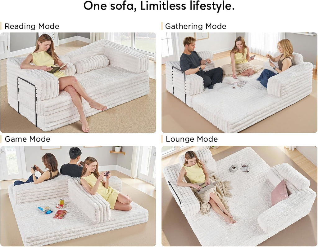 VanAcc Futon Sofa Bed, Convertible Futon Couch with Plush Faux Fur, No Assembly Mattress Futon Sofa for Living Room, Apartment, Bedroom, White