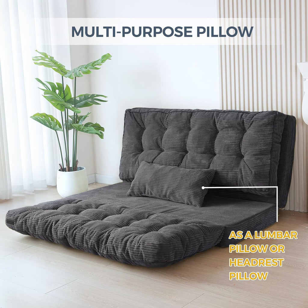 MAXYOYO Folding Sofa Bed, Tufted Bean Bag Bed with Pillows Floor Mattress for Adults, Extra Thick and Long Floor Sofa, Twin Couch Bed for Bedroom Living Room, Dark Grey, 39x91 Inch