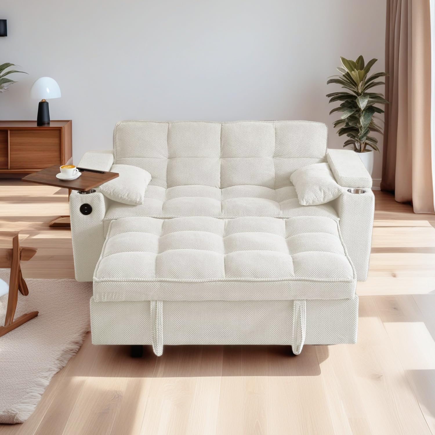 oaaktu ﻿ Large Size Convertible Sleeper Sofa Bed,Polka dot Velvet Pull Out Futon Couch with Storage handrails & Rotating Side Tables,Convertible Sofa Couch for Living Room,RV (Beige)