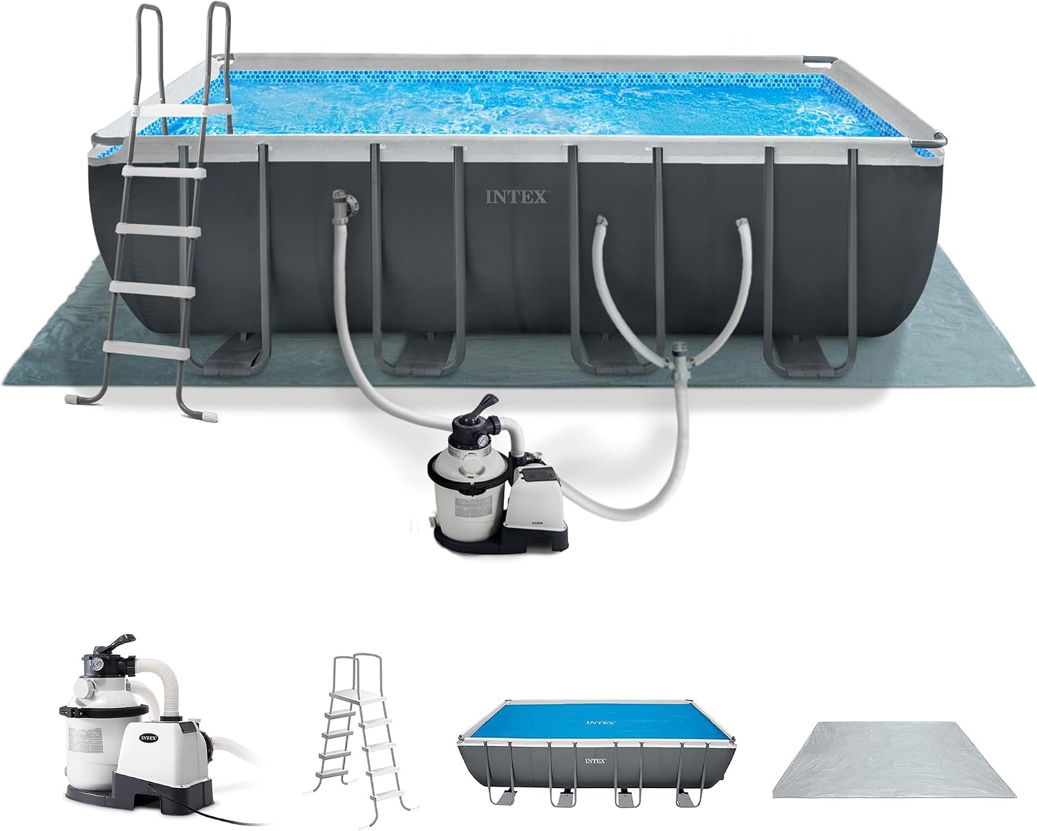 INTEX 26355EH Ultra XTR 18ft x 9ft x 52in Above Ground Swimming Pool Set with Sand Filter Pump and Solar Pool Cover