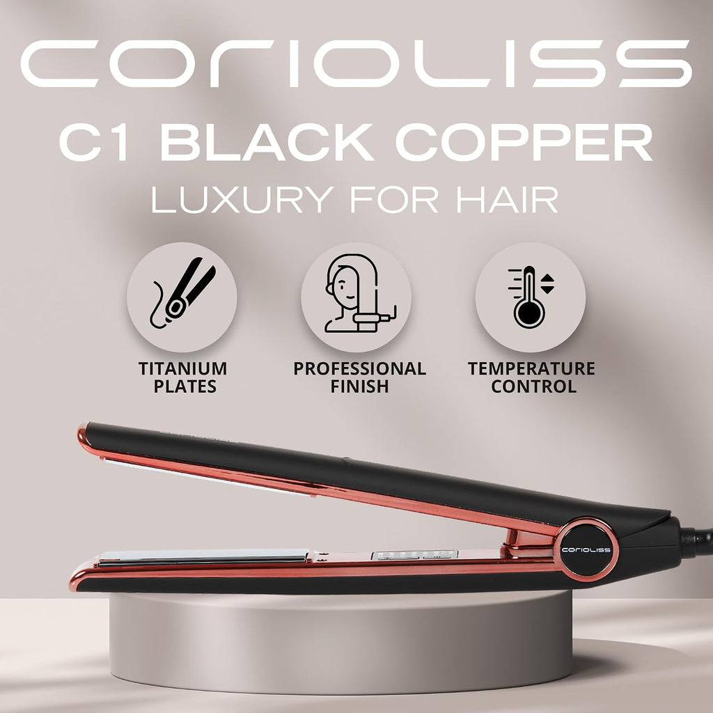 Corioliss C1 Flat Iron Hair Straightener Professional Titanium Plates Temperature Control Travel Case (Black Soft Touch Copper)