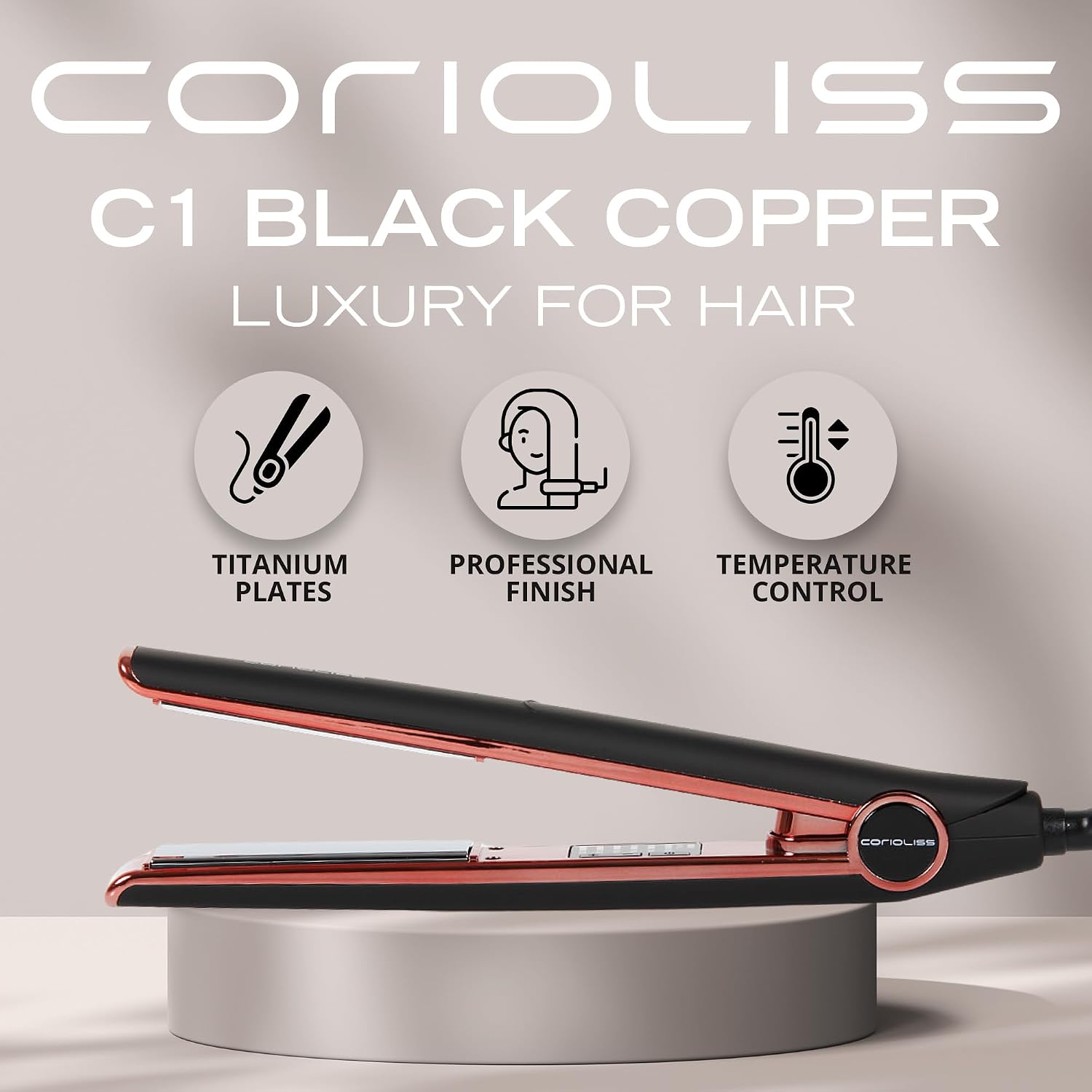 Corioliss C1 Flat Iron Hair Straightener Professional Titanium Plates Temperature Control Travel Case (Black Soft Touch Copper)